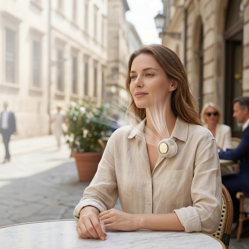 Clairly portable neck fan clipped to a woman's collar, providing hands-free cooling while she sits at an outdoor cafe.