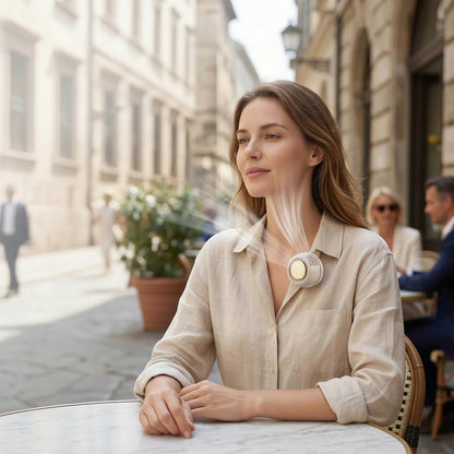 Clairly portable neck fan clipped to a woman's collar, providing hands-free cooling while she sits at an outdoor cafe.