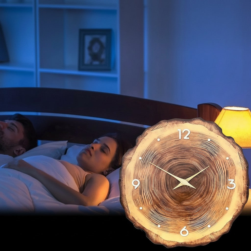 Clairly silent wall clock with a natural wood grain tree ring design hanging in a quiet bedroom at night.