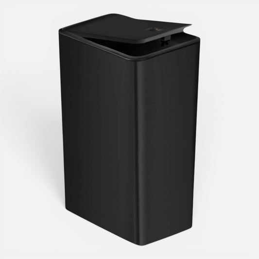 Clairly slim black trash can with a press-to-open lid, featuring a modern rectangular design for compact spaces.