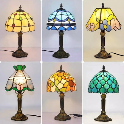 Clairly vintage mosaic stained glass table lamps with antique bronze bases in various floral and geometric patterns