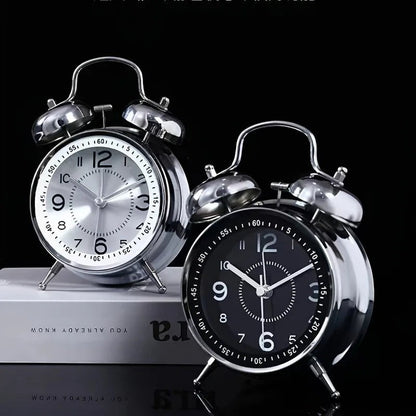 Clairly vintage twin bell alarm clocks in silver and black with durable alloy frames and clear analog faces