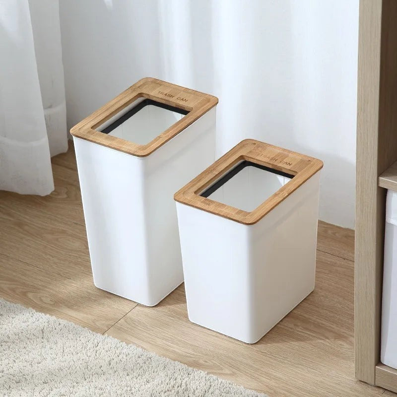 Clairly white Japanese style trash cans with bamboo-effect lids in two sizes for minimalist home decor