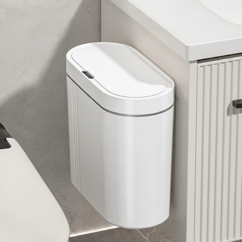 Clairly white wall-mounted sensor trash can with a sleek, space-saving design for bathrooms or kitchens.