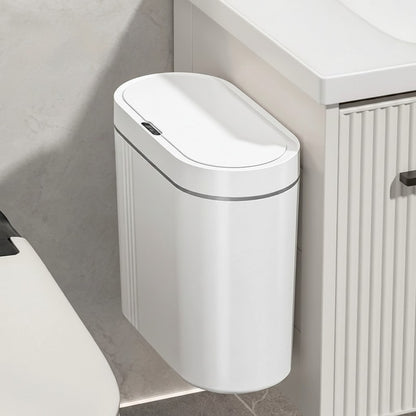 Clairly white wall-mounted sensor trash can with a sleek, space-saving design for bathrooms or kitchens.