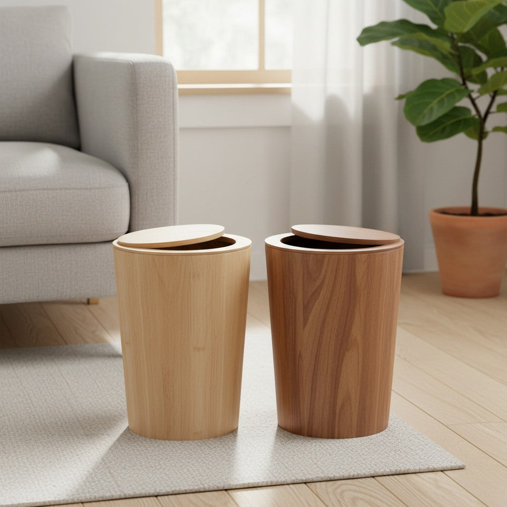 Clairly wooden swing lid waste bins in light and dark natural wood finishes placed on a living room rug.