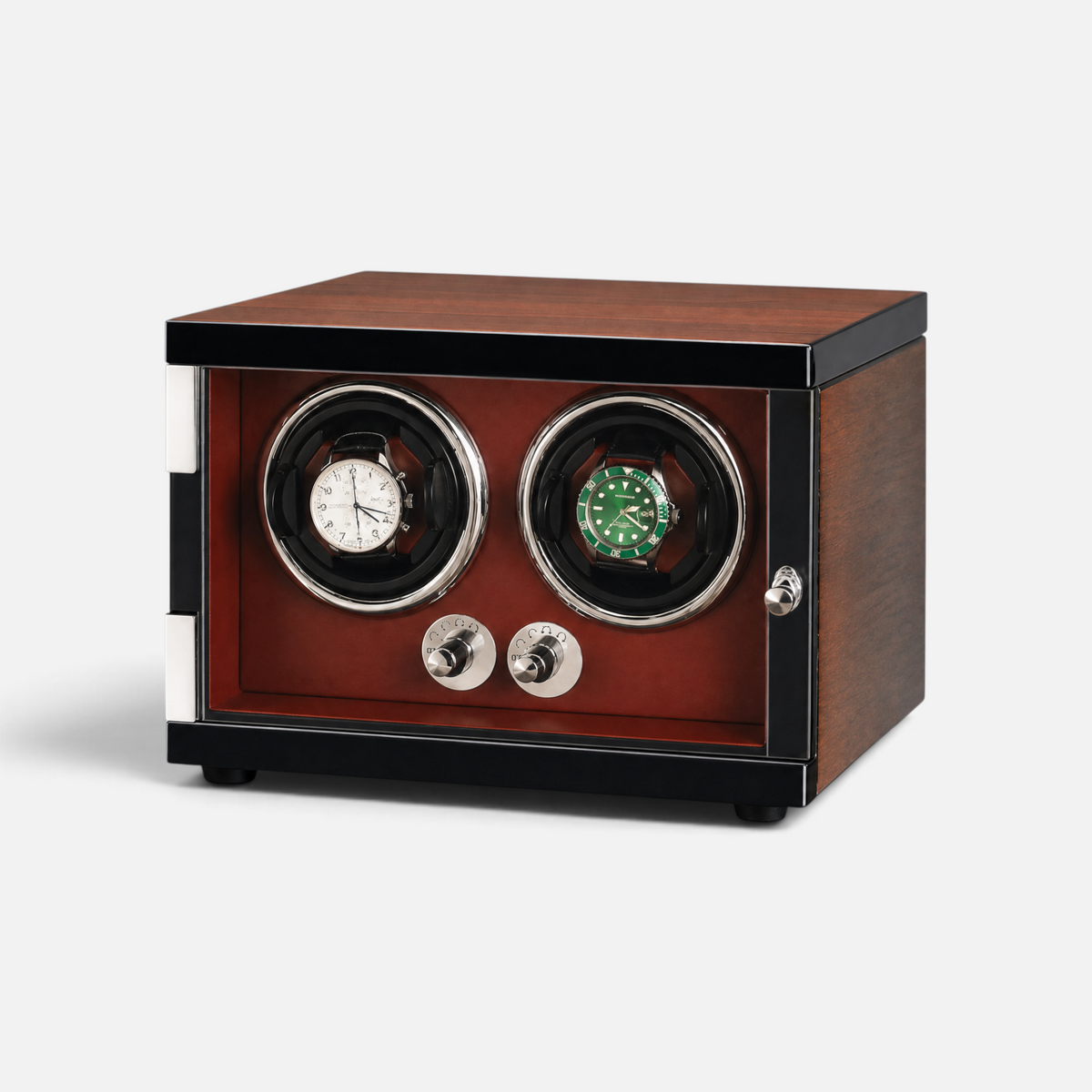 Clairly Grosvenor 2-slot watch winder with wood and carbon fibre exterior and rich red leather interior