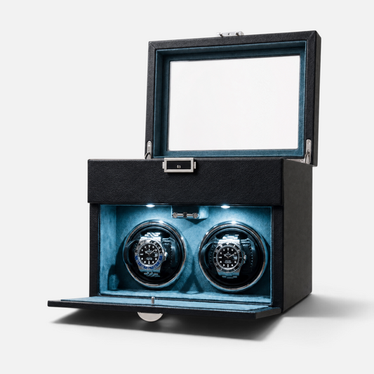 Clairly Gardien Coffret 2-slot watch winder in carbon black with blue interior and automatic lid-activated sensor