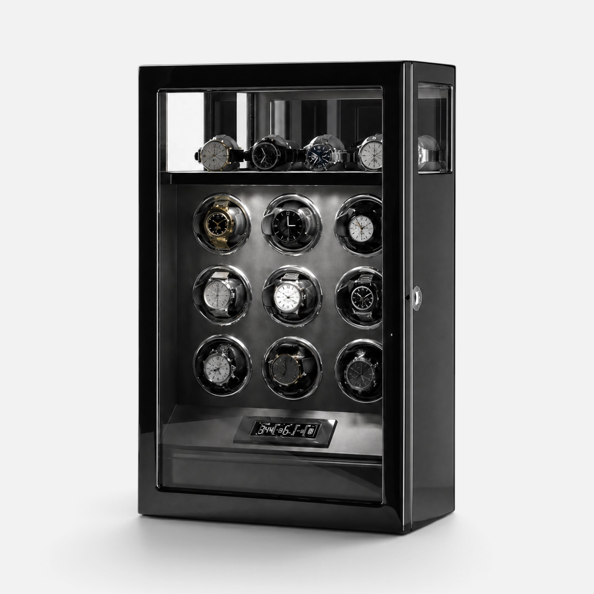 Clairly Wellington 9-slot watch winder in black piano-gloss wood with glass display, LED lighting, and LCD screen.
