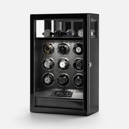 Clairly Wellington 9-slot watch winder in black piano-gloss wood with glass display, LED lighting, and LCD screen.