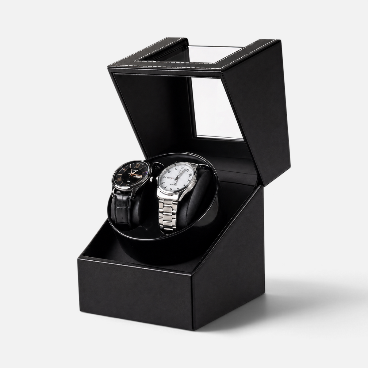 Clairly Portman 2-slot automatic watch winder in black with a magnetic glass lid holding two luxury wristwatches.