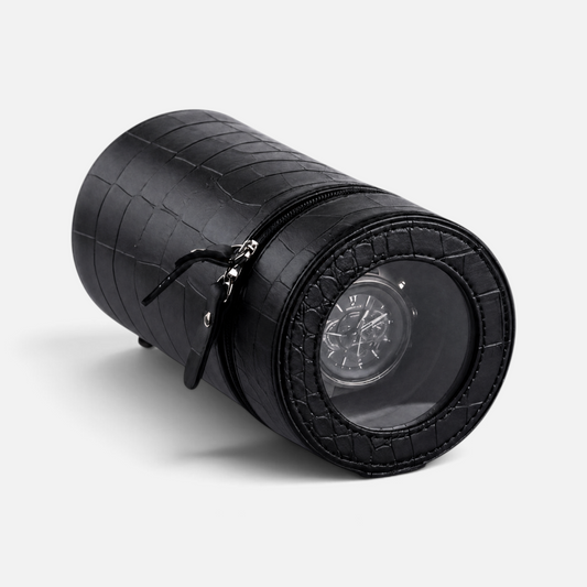Clairly Voyager 1-slot watch winder in black croc-print leather with a clear viewing window on a white background