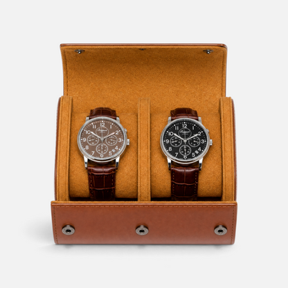 Clairly Rowan 2-slot travel watch box in tan leather with soft velvet lining holding two luxury wristwatches