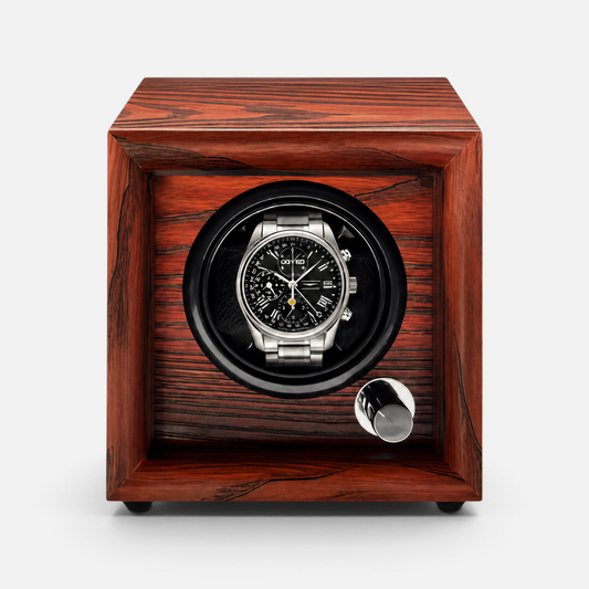 Clairly Copeland single slot watch winder in natural walnut wood with a stainless steel automatic watch inside