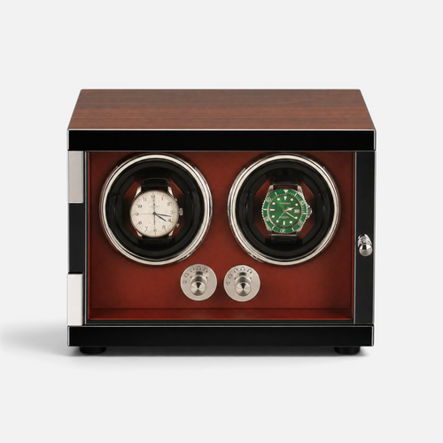 Clairly Grosvenor 2-slot watch winder featuring a wood and carbon fibre shell with a rich red leather interior.