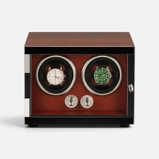 Clairly Grosvenor 2-slot watch winder featuring a wood and carbon fibre shell with a rich red leather interior.