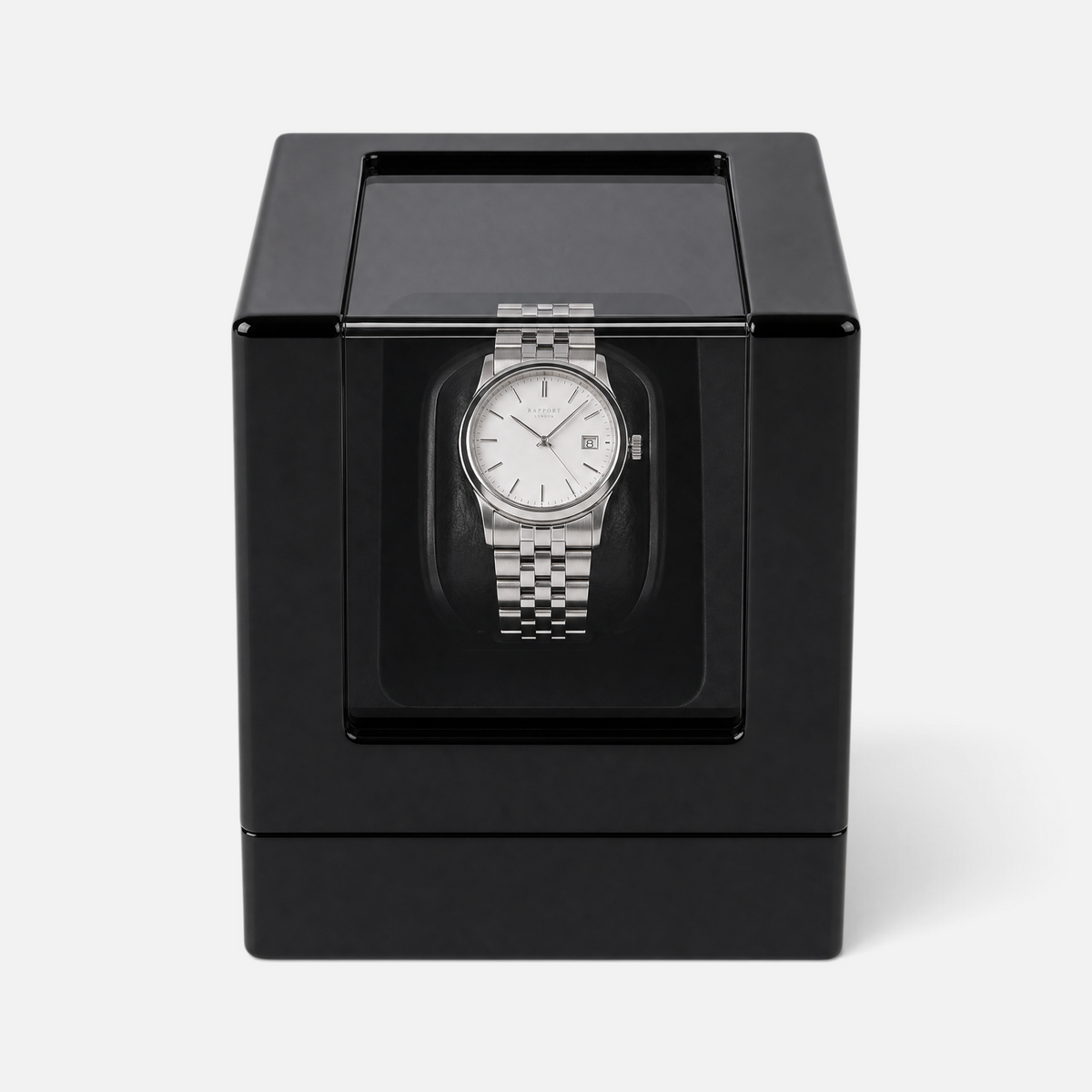 Clairly Onyx 1-slot watch winder in a glossy black finish holding a silver automatic watch with a white dial