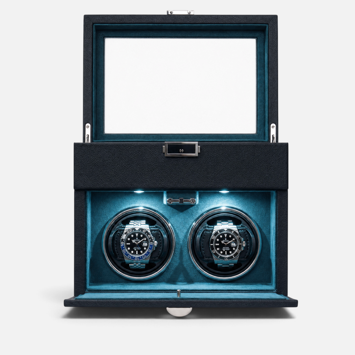 Clairly Gardien Coffret 2-slot watch winder box in carbon black with teal interior and automatic lid sensor