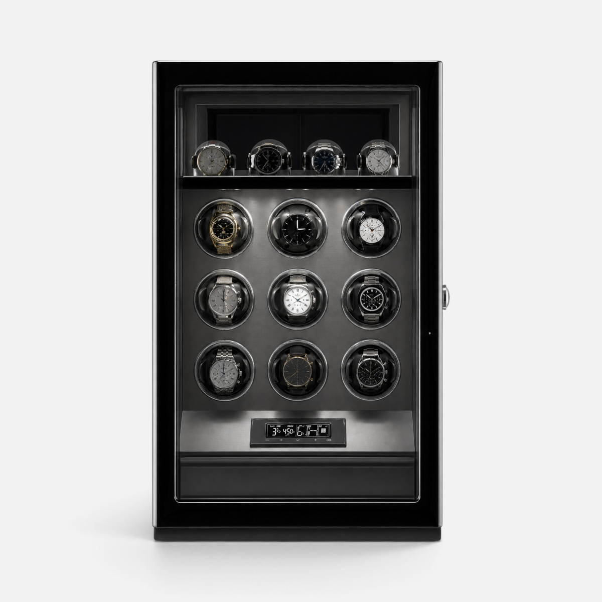 Clairly Wellington 9-slot watch winder in piano-gloss black wood with glass door, LED lighting, and LCD display.