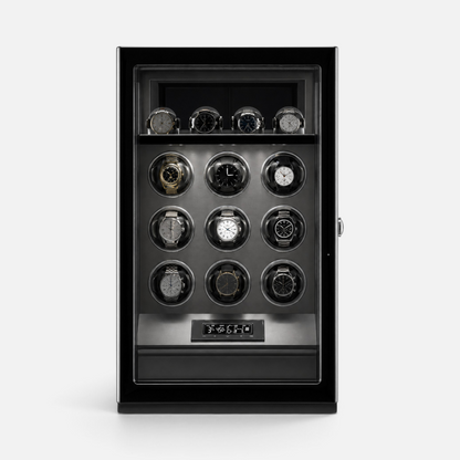Clairly Wellington 9-slot watch winder in piano-gloss black wood with glass door, LED lighting, and LCD display.