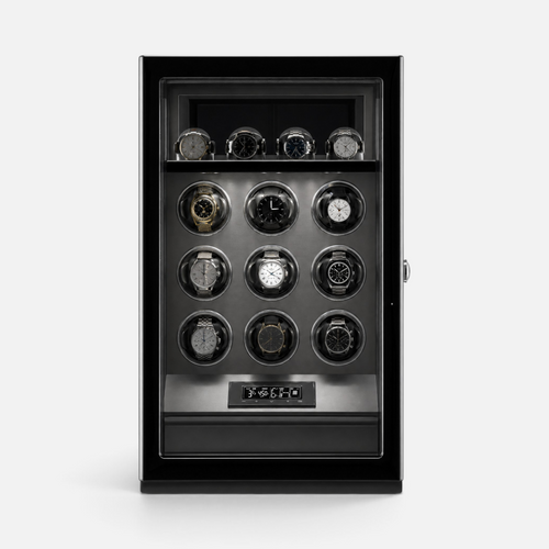 Clairly Wellington 9-slot watch winder in piano-gloss black wood with glass door, LED lighting, and LCD display.