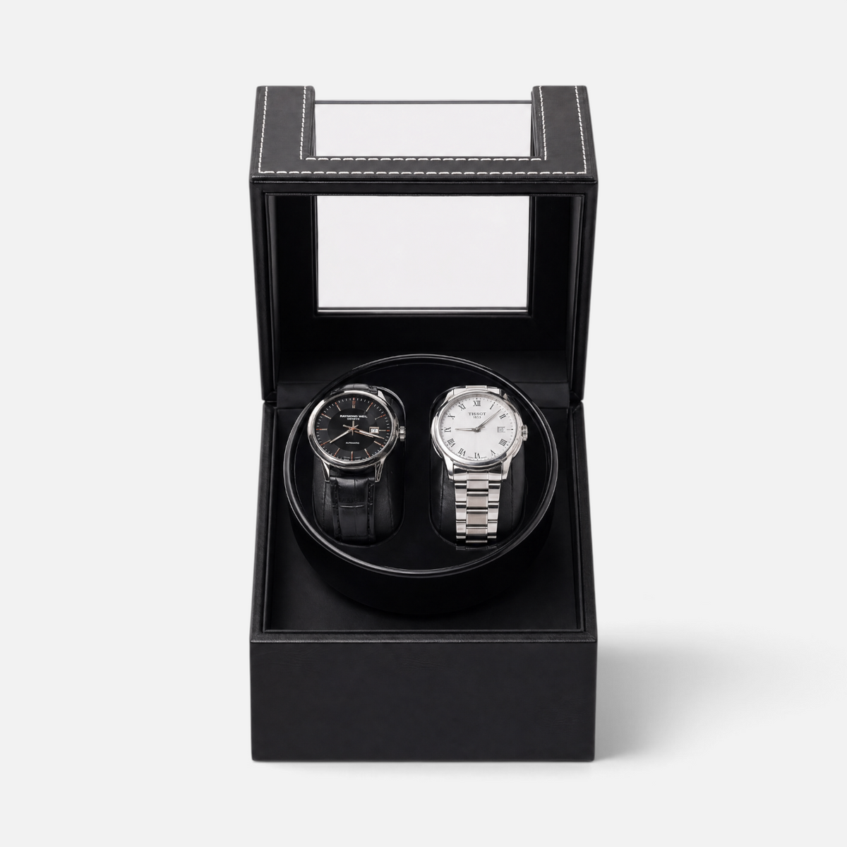 Clairly Portman 2-slot watch winder with black leather finish, magnetic glass lid, and two automatic watches inside.
