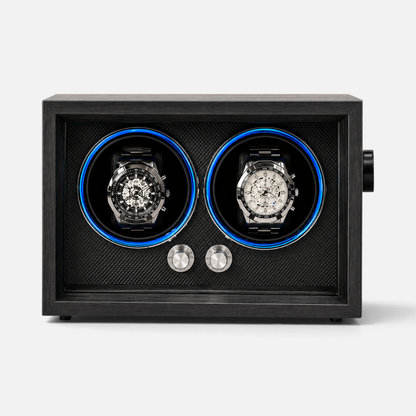 Clairly Sinclair 2-slot watch winder with carbon fibre-effect finish, blue LED rings, and transparent display lid.