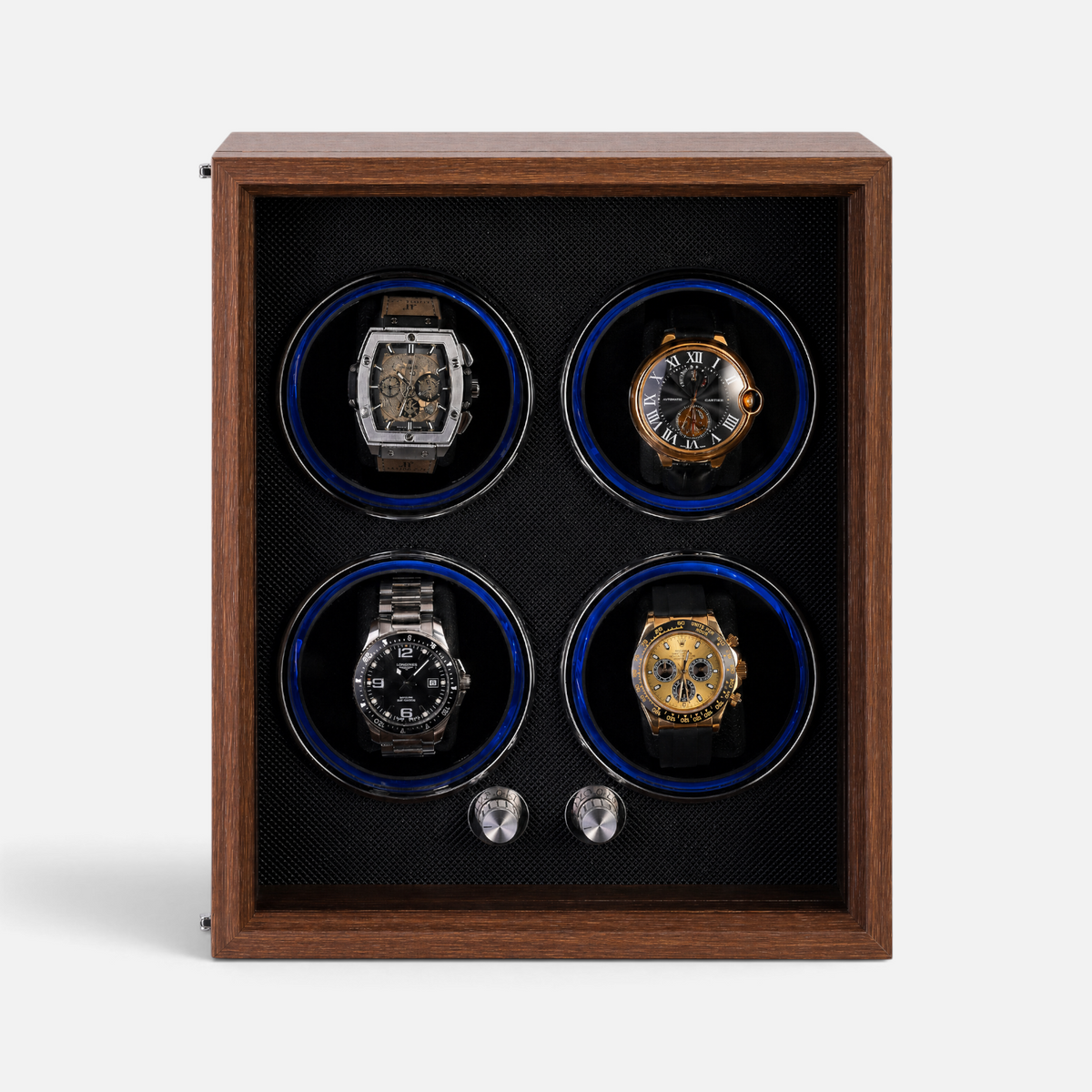 Clairly Fairfax 4-slot watch winder in a dark wood cabinet with independent motors and blue interior lighting