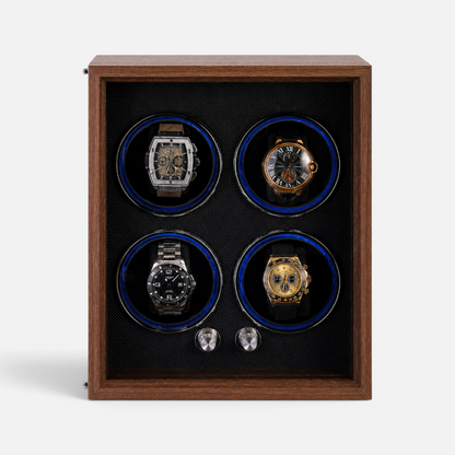 Clairly Fairfax 4-slot watch winder in a dark wood cabinet with independent motors and blue interior lighting